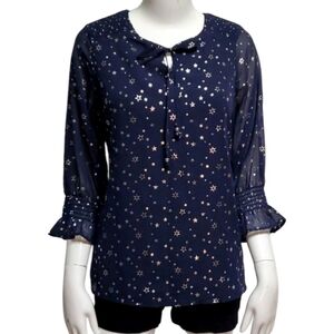Dressbarn Navy Blue Silver Star Print Sheer Blouse Lined Chiffon